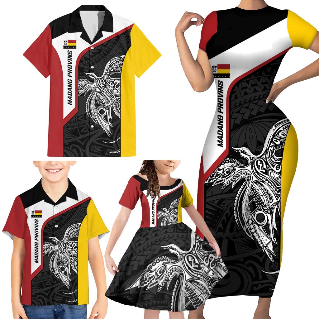 Personalised PNG Madang Province Family Matching Short Sleeve Bodycon Dress and Hawaiian Shirt Bird of Paradise Tattoo Flag Motif LT9 - Polynesian Pride