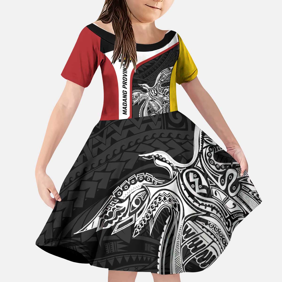 Personalised PNG Madang Province Kid Short Sleeve Dress Bird of Paradise Tattoo Flag Motif LT9 KID Yellow - Polynesian Pride