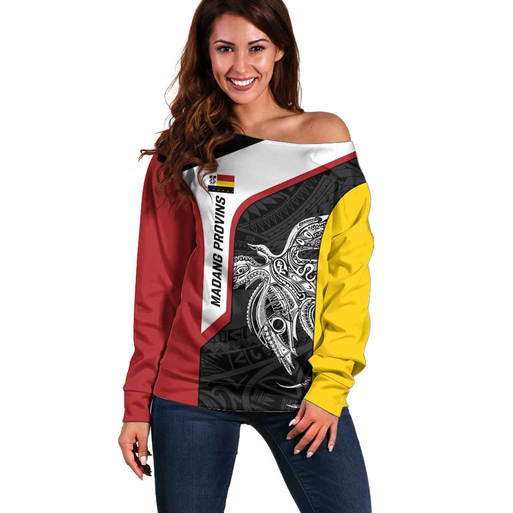 Personalised PNG Madang Province Off Shoulder Sweater Bird of Paradise Tattoo Flag Motif LT9 Women Yellow - Polynesian Pride