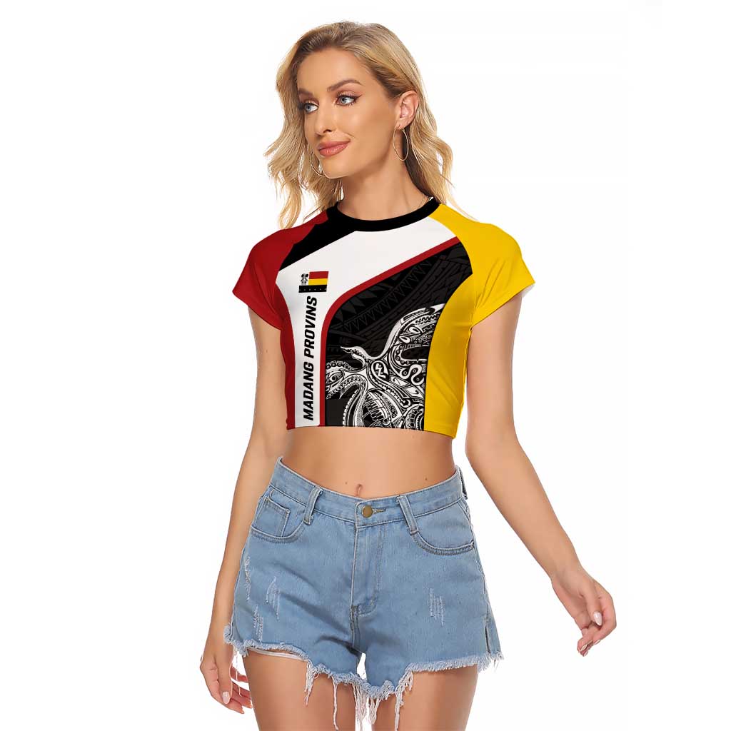 Personalised PNG Madang Province Raglan Cropped T Shirt Bird of Paradise Tattoo Flag Motif LT9 Female Yellow - Polynesian Pride