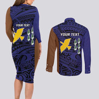 Personalised PNG Manus Province Couples Matching Long Sleeve Bodycon Dress and Long Sleeve Button Shirt Bird of Paradise Tattoo Flag Motif LT9 - Polynesian Pride