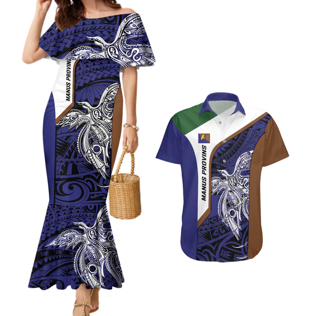 Personalised PNG Manus Province Couples Matching Mermaid Dress and Hawaiian Shirt Bird of Paradise Tattoo Flag Motif LT9 Blue - Polynesian Pride