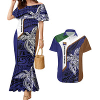 Personalised PNG Manus Province Couples Matching Mermaid Dress and Hawaiian Shirt Bird of Paradise Tattoo Flag Motif LT9 Blue - Polynesian Pride