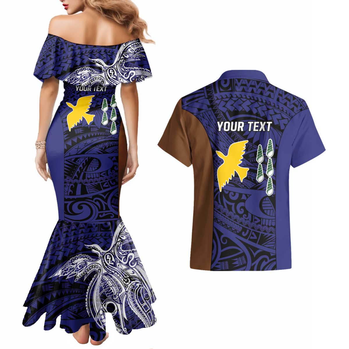 Personalised PNG Manus Province Couples Matching Mermaid Dress and Hawaiian Shirt Bird of Paradise Tattoo Flag Motif LT9 - Polynesian Pride