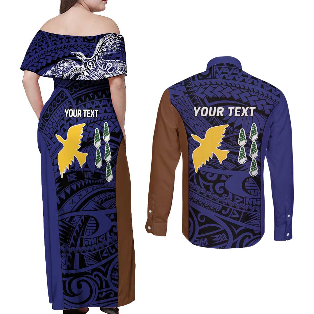 Personalised PNG Manus Province Couples Matching Off Shoulder Maxi Dress and Long Sleeve Button Shirt Bird of Paradise Tattoo Flag Motif LT9 - Polynesian Pride