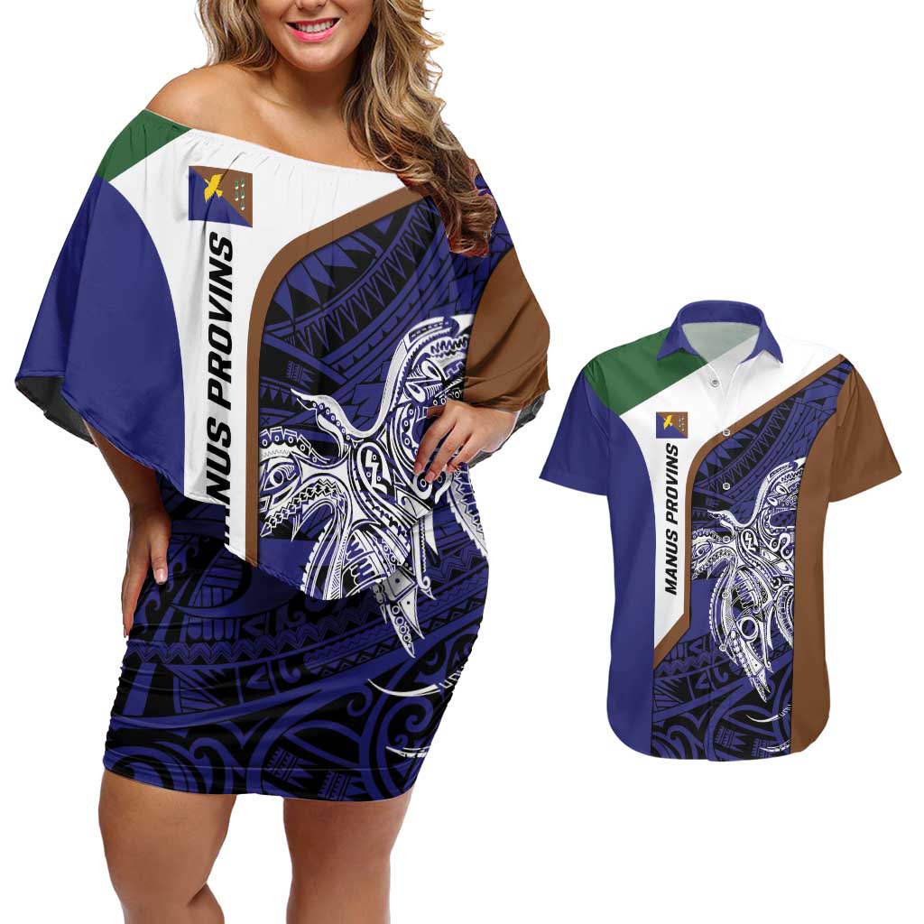 Personalised PNG Manus Province Couples Matching Off Shoulder Short Dress and Hawaiian Shirt Bird of Paradise Tattoo Flag Motif LT9 Blue - Polynesian Pride