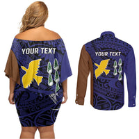 Personalised PNG Manus Province Couples Matching Off Shoulder Short Dress and Long Sleeve Button Shirt Bird of Paradise Tattoo Flag Motif LT9 - Polynesian Pride