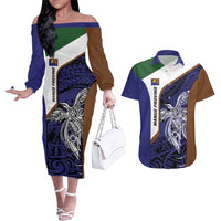 Personalised PNG Manus Province Couples Matching Off The Shoulder Long Sleeve Dress and Hawaiian Shirt Bird of Paradise Tattoo Flag Motif LT9 Blue - Polynesian Pride