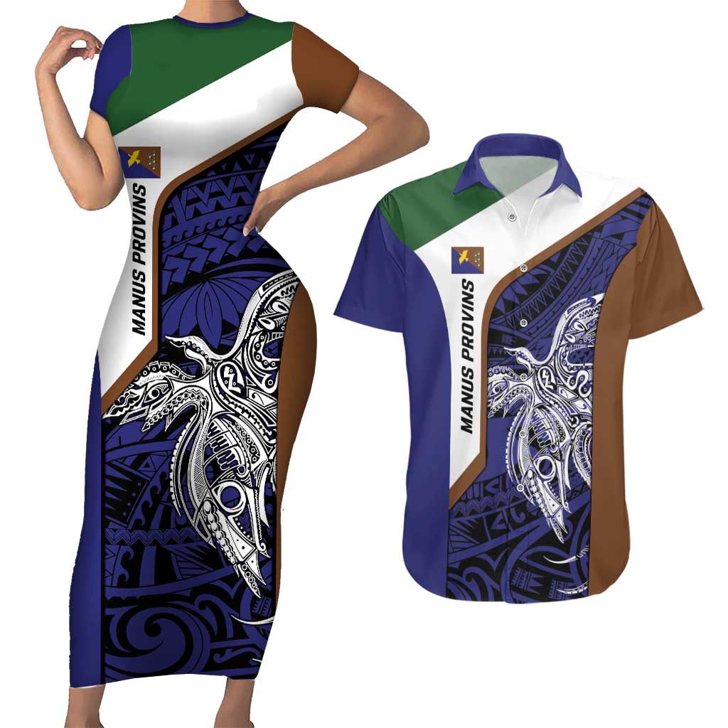 Personalised PNG Manus Province Couples Matching Short Sleeve Bodycon Dress and Hawaiian Shirt Bird of Paradise Tattoo Flag Motif LT9 Blue - Polynesian Pride
