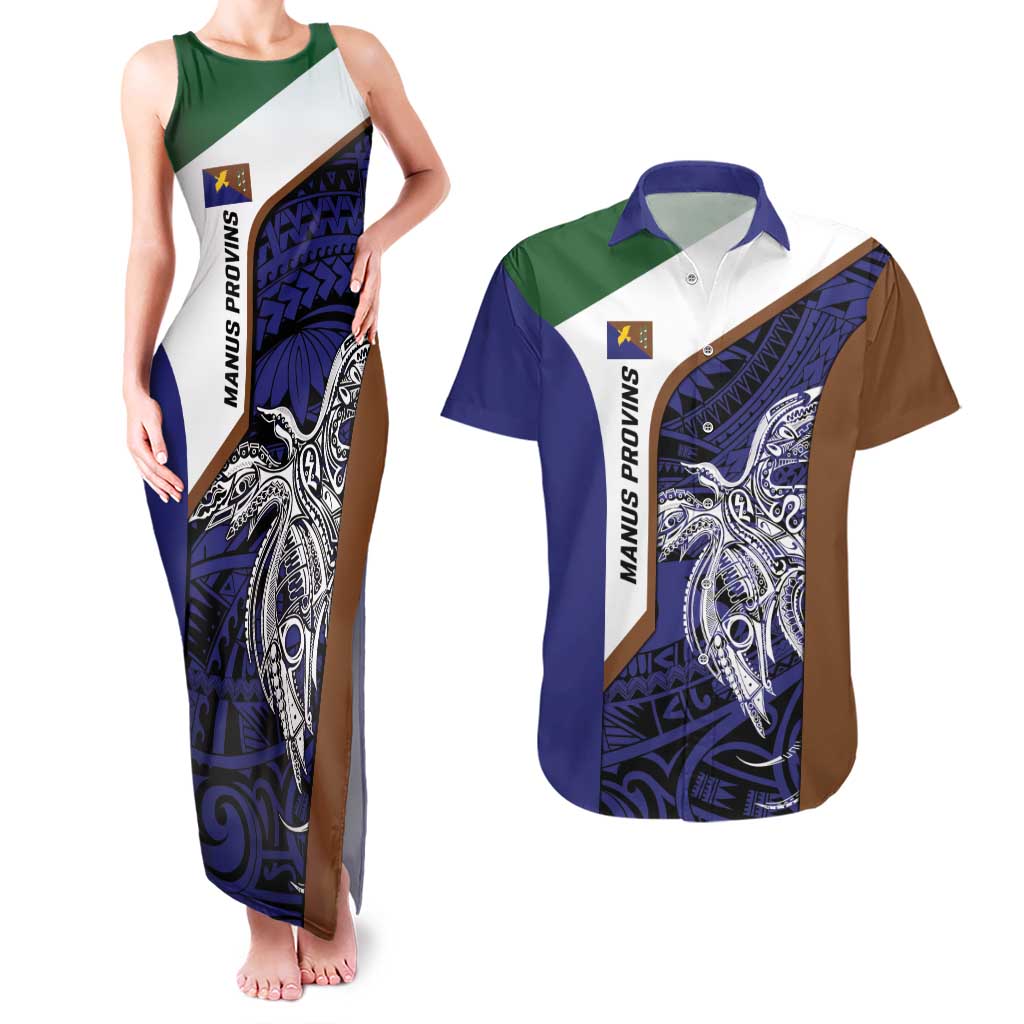 Personalised PNG Manus Province Couples Matching Tank Maxi Dress and Hawaiian Shirt Bird of Paradise Tattoo Flag Motif LT9 Blue - Polynesian Pride