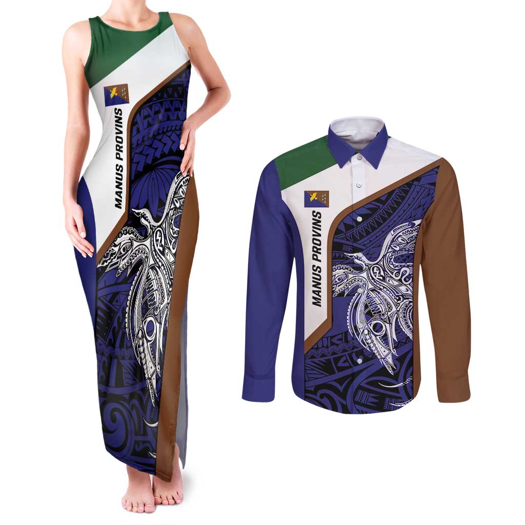 Personalised PNG Manus Province Couples Matching Tank Maxi Dress and Long Sleeve Button Shirt Bird of Paradise Tattoo Flag Motif - Polynesian Pride