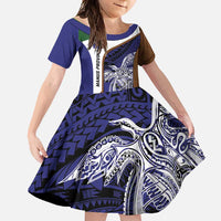 Personalised PNG Manus Province Family Matching Long Sleeve Bodycon Dress and Hawaiian Shirt Bird of Paradise Tattoo Flag Motif LT9 Daughter's Dress Blue - Polynesian Pride