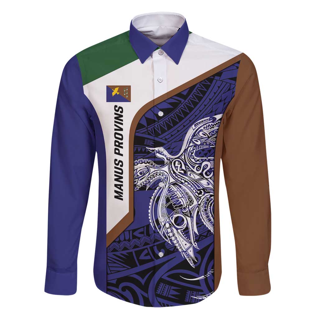 Personalised PNG Manus Province Family Matching Long Sleeve Bodycon Dress and Hawaiian Shirt Bird of Paradise Tattoo Flag Motif LT9 Dad's Shirt - Long Sleeve Blue - Polynesian Pride