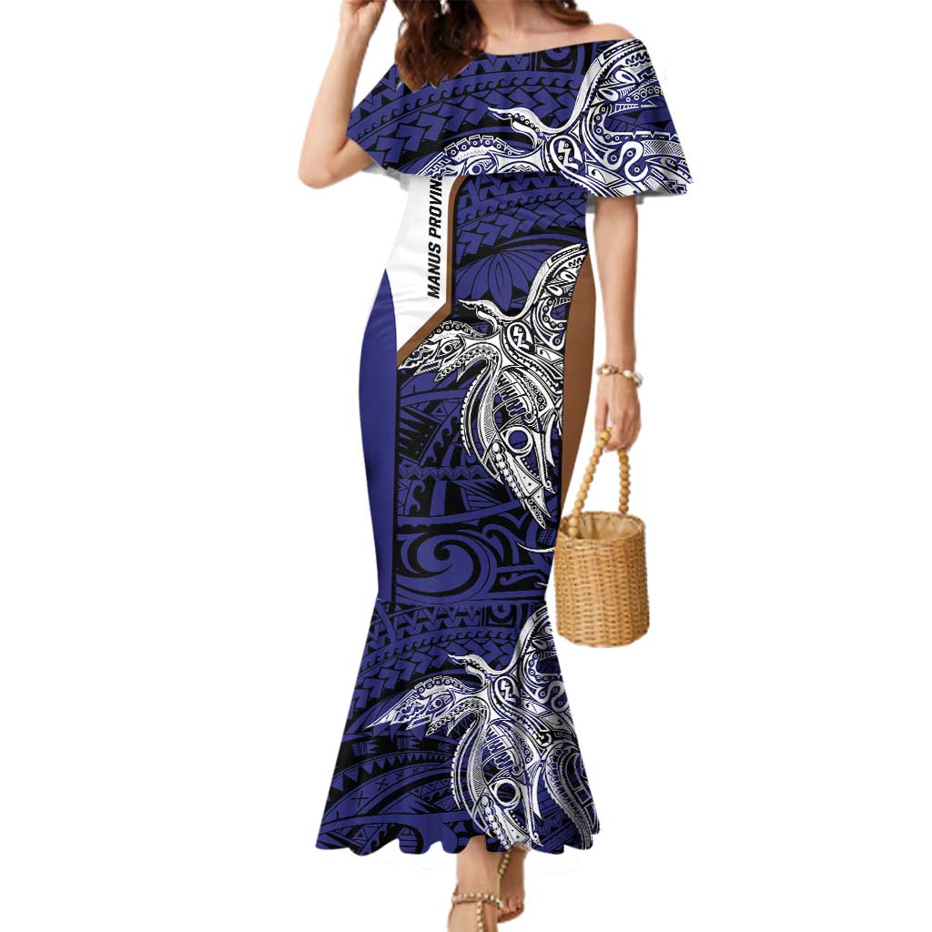 Personalised PNG Manus Province Family Matching Mermaid Dress and Hawaiian Shirt Bird of Paradise Tattoo Flag Motif LT9 Mom's Dress Blue - Polynesian Pride