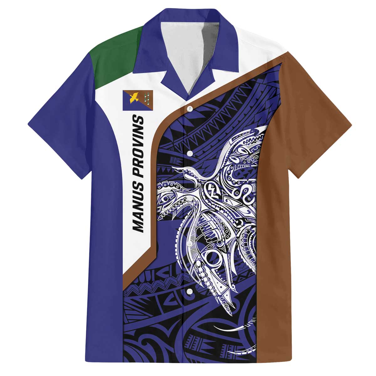 Personalised PNG Manus Province Family Matching Off The Shoulder Long Sleeve Dress and Hawaiian Shirt Bird of Paradise Tattoo Flag Motif LT9 Dad's Shirt - Short Sleeve Blue - Polynesian Pride