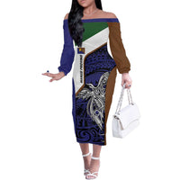 Personalised PNG Manus Province Family Matching Off The Shoulder Long Sleeve Dress and Hawaiian Shirt Bird of Paradise Tattoo Flag Motif LT9 Mom's Dress Blue - Polynesian Pride