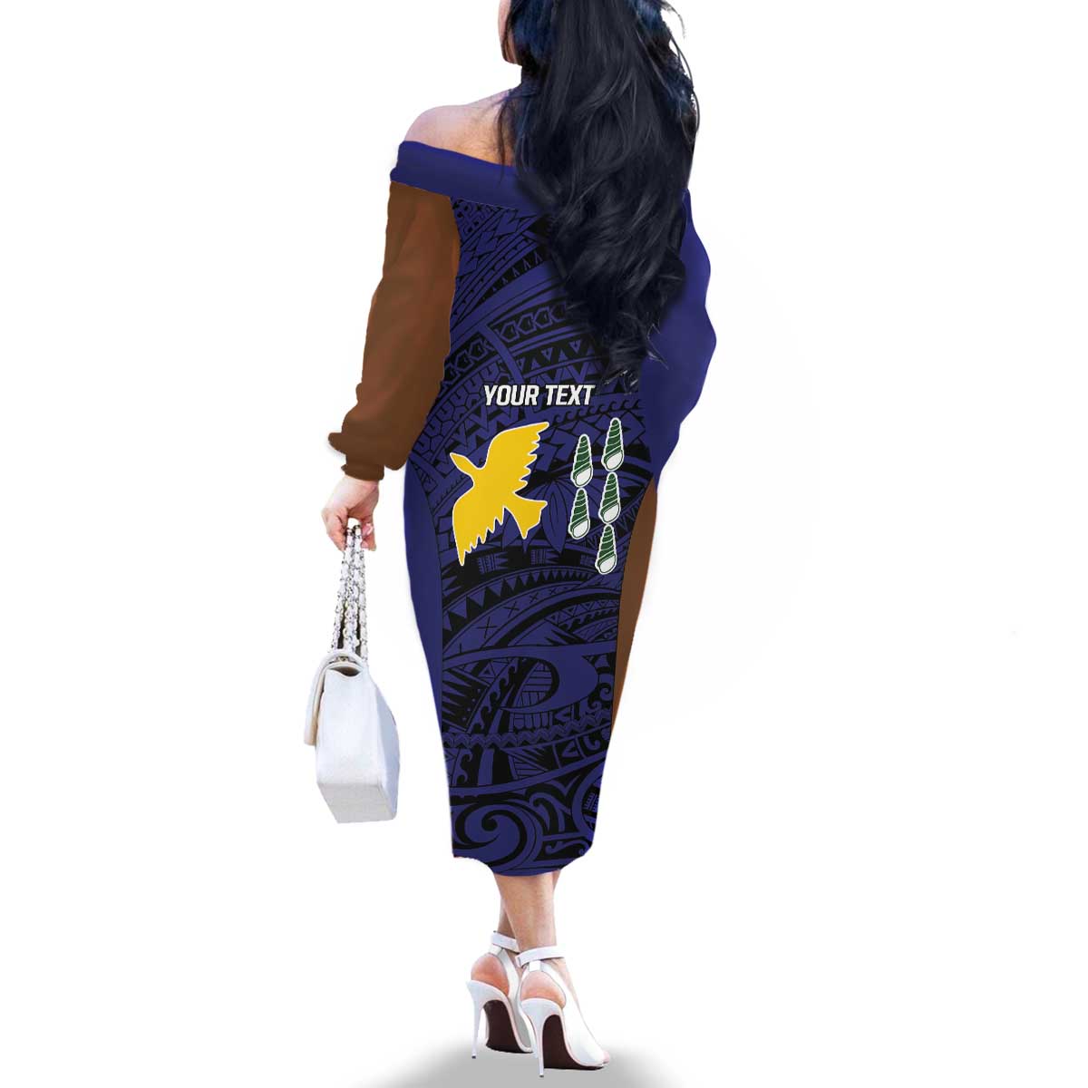Personalised PNG Manus Province Family Matching Off The Shoulder Long Sleeve Dress and Hawaiian Shirt Bird of Paradise Tattoo Flag Motif LT9 - Polynesian Pride