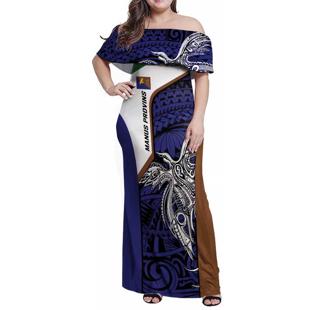 Personalised PNG Manus Province Family Matching Off Shoulder Maxi Dress and Hawaiian Shirt Bird of Paradise Tattoo Flag Motif LT9 Mom's Dress Blue - Polynesian Pride