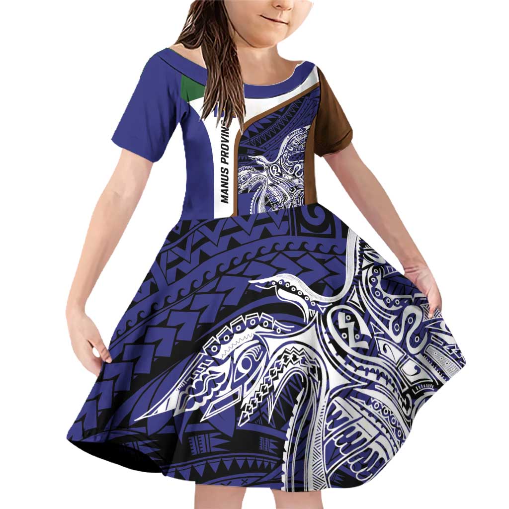 Personalised PNG Manus Province Family Matching Off Shoulder Short Dress and Hawaiian Shirt Bird of Paradise Tattoo Flag Motif LT9 Daughter's Dress Blue - Polynesian Pride
