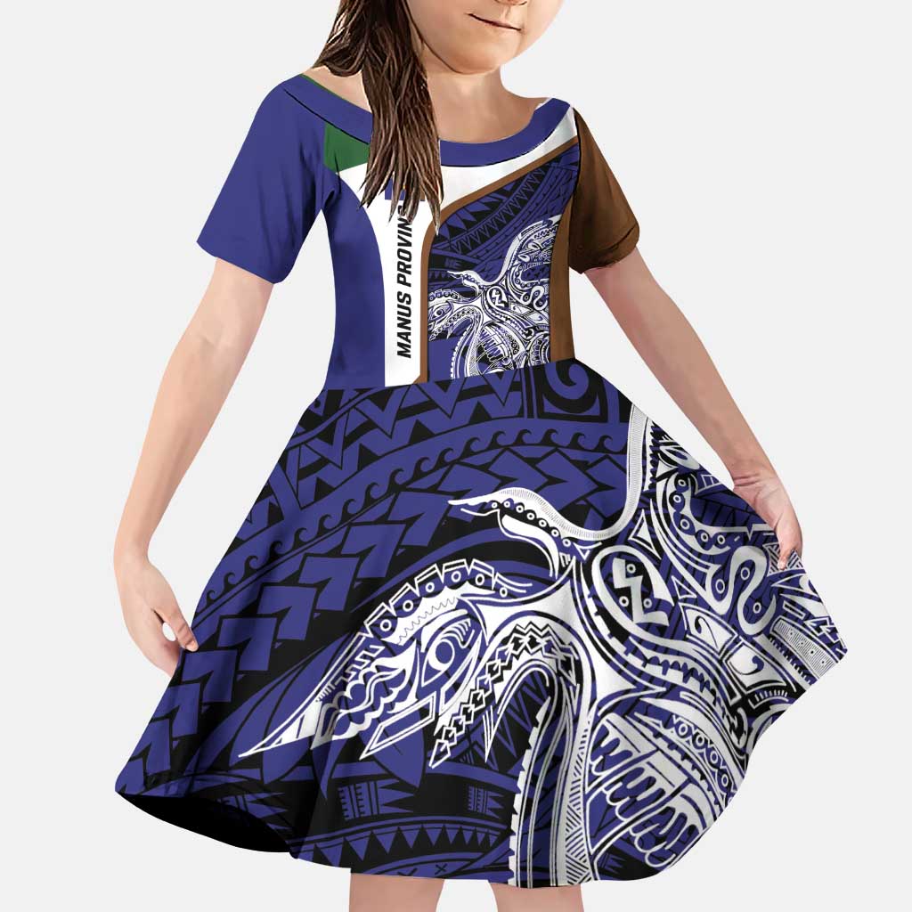 Personalised PNG Manus Province Family Matching Puletasi and Hawaiian Shirt Bird of Paradise Tattoo Flag Motif LT9 Daughter's Dress Blue - Polynesian Pride