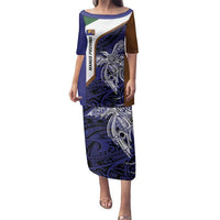 Personalised PNG Manus Province Family Matching Puletasi and Hawaiian Shirt Bird of Paradise Tattoo Flag Motif LT9 Mom's Dress Blue - Polynesian Pride