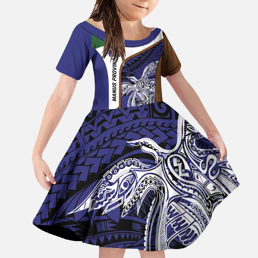 Personalised PNG Manus Province Family Matching Short Sleeve Bodycon Dress and Hawaiian Shirt Bird of Paradise Tattoo Flag Motif LT9 Daughter's Dress Blue - Polynesian Pride
