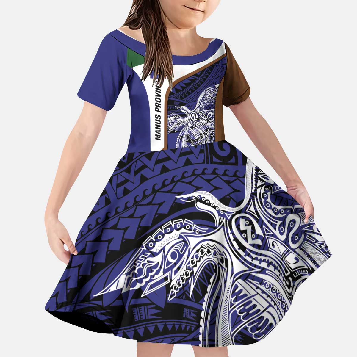 Personalised PNG Manus Province Kid Short Sleeve Dress Bird of Paradise Tattoo Flag Motif LT9 KID Blue - Polynesian Pride