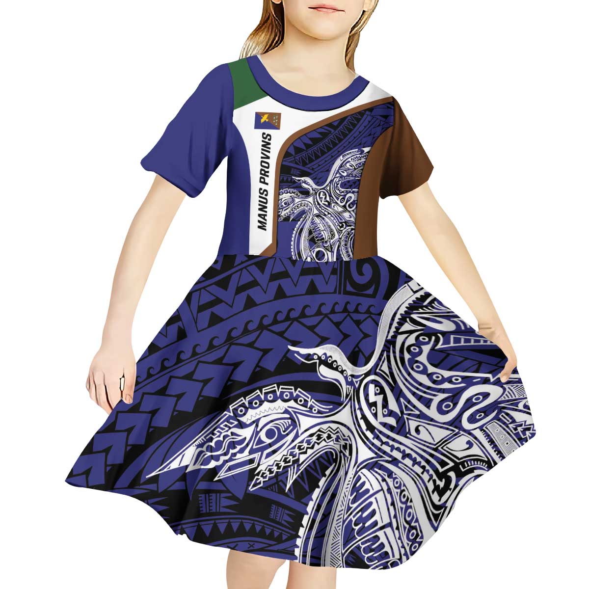 Personalised PNG Manus Province Kid Short Sleeve Dress Bird of Paradise Tattoo Flag Motif LT9 - Polynesian Pride