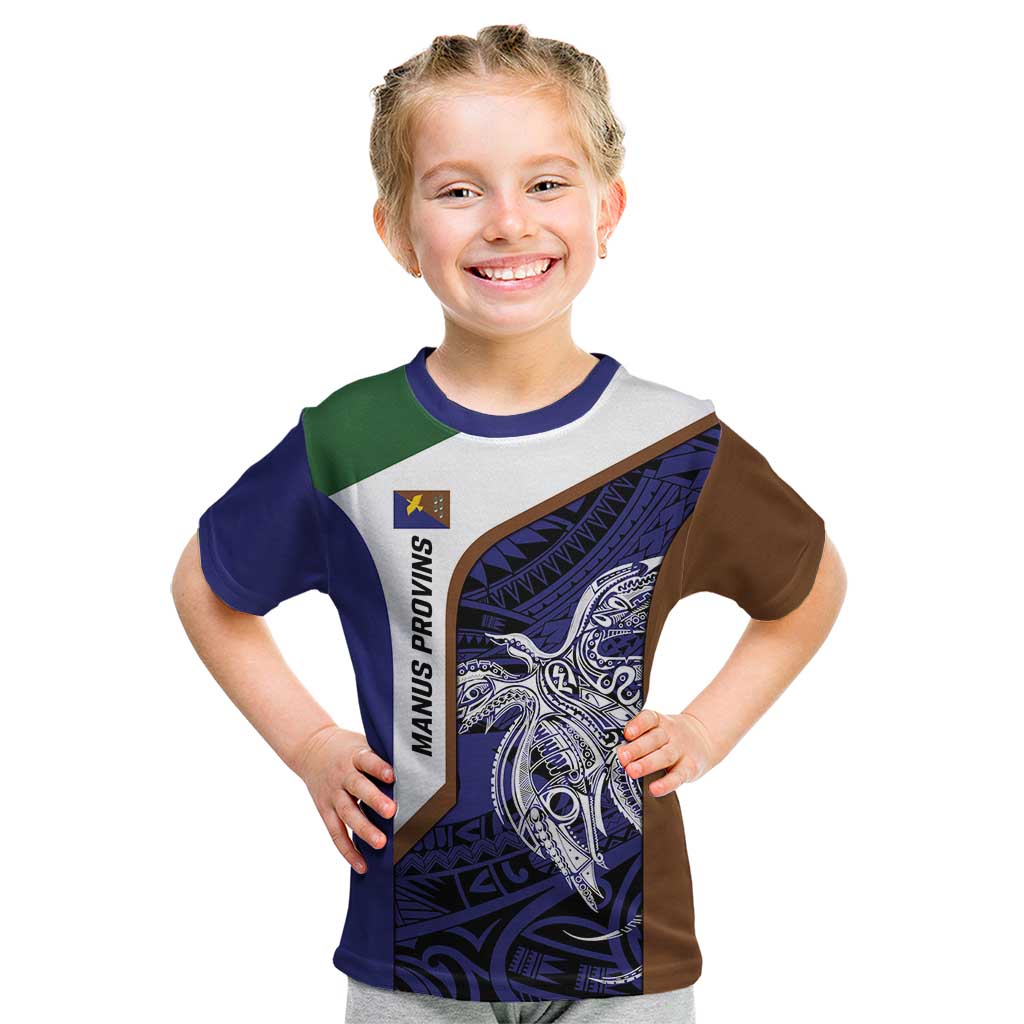 Personalised PNG Manus Province Kid T Shirt Bird of Paradise Tattoo Flag Motif LT9 Blue - Polynesian Pride