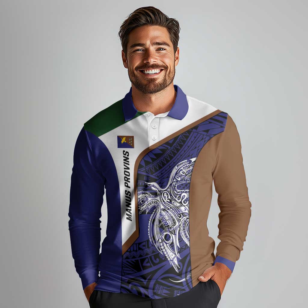 Personalised PNG Manus Province Long Sleeve Polo Shirt Bird of Paradise Tattoo Flag Motif LT9 - Polynesian Pride