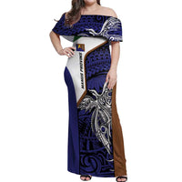 Personalised PNG Manus Province Off Shoulder Maxi Dress Bird of Paradise Tattoo Flag Motif LT9 Women Blue - Polynesian Pride