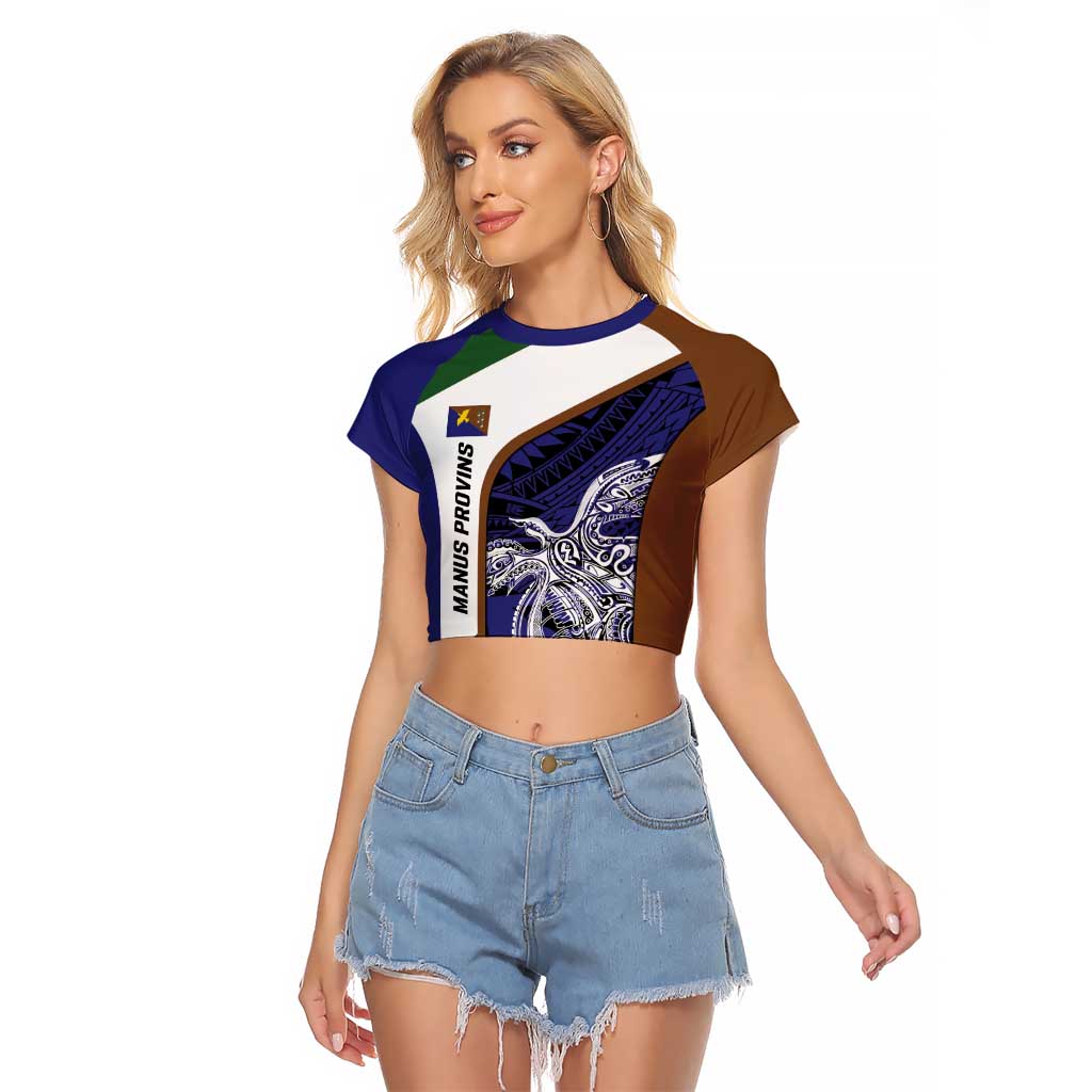 Personalised PNG Manus Province Raglan Cropped T Shirt Bird of Paradise Tattoo Flag Motif LT9 Female Blue - Polynesian Pride