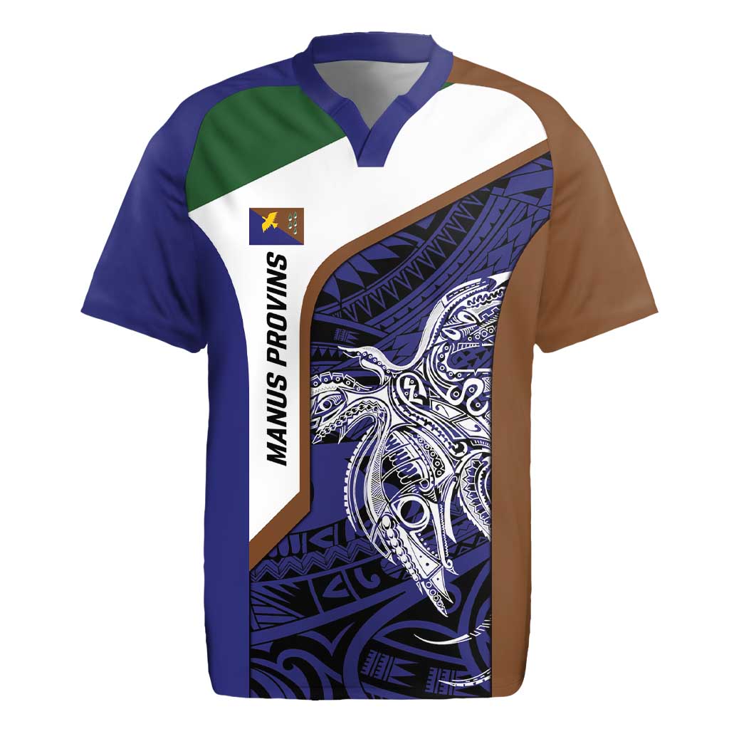 Personalised PNG Manus Province Rugby Jersey Bird of Paradise Tattoo Flag Motif LT9 Blue - Polynesian Pride