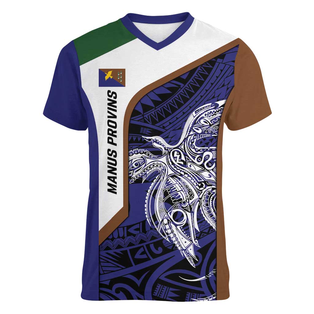 Personalised PNG Manus Province Women V-Neck T-Shirt Bird of Paradise Tattoo Flag Motif LT9 Female Blue - Polynesian Pride