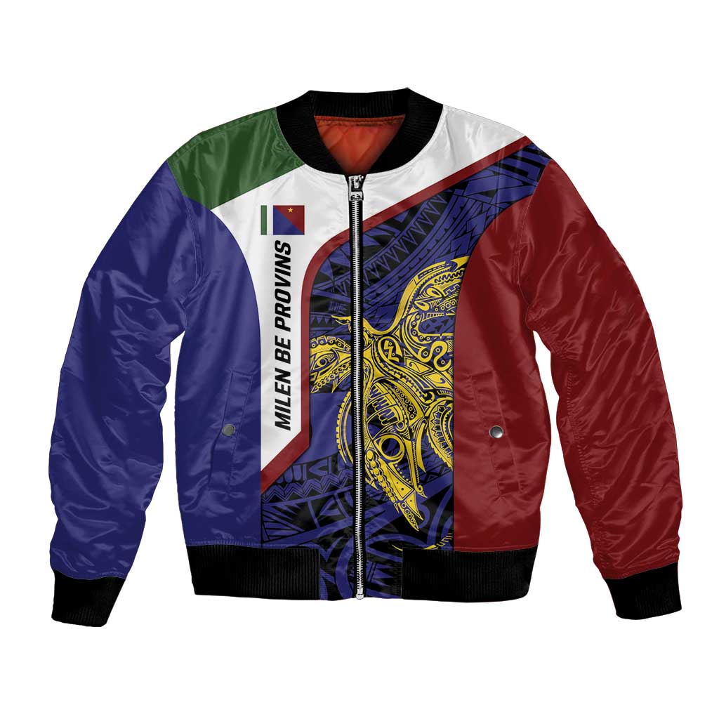 Personalised PNG Milne Bay Province Bomber Jacket Bird of Paradise Tattoo Flag Motif LT9 Unisex Blue - Polynesian Pride