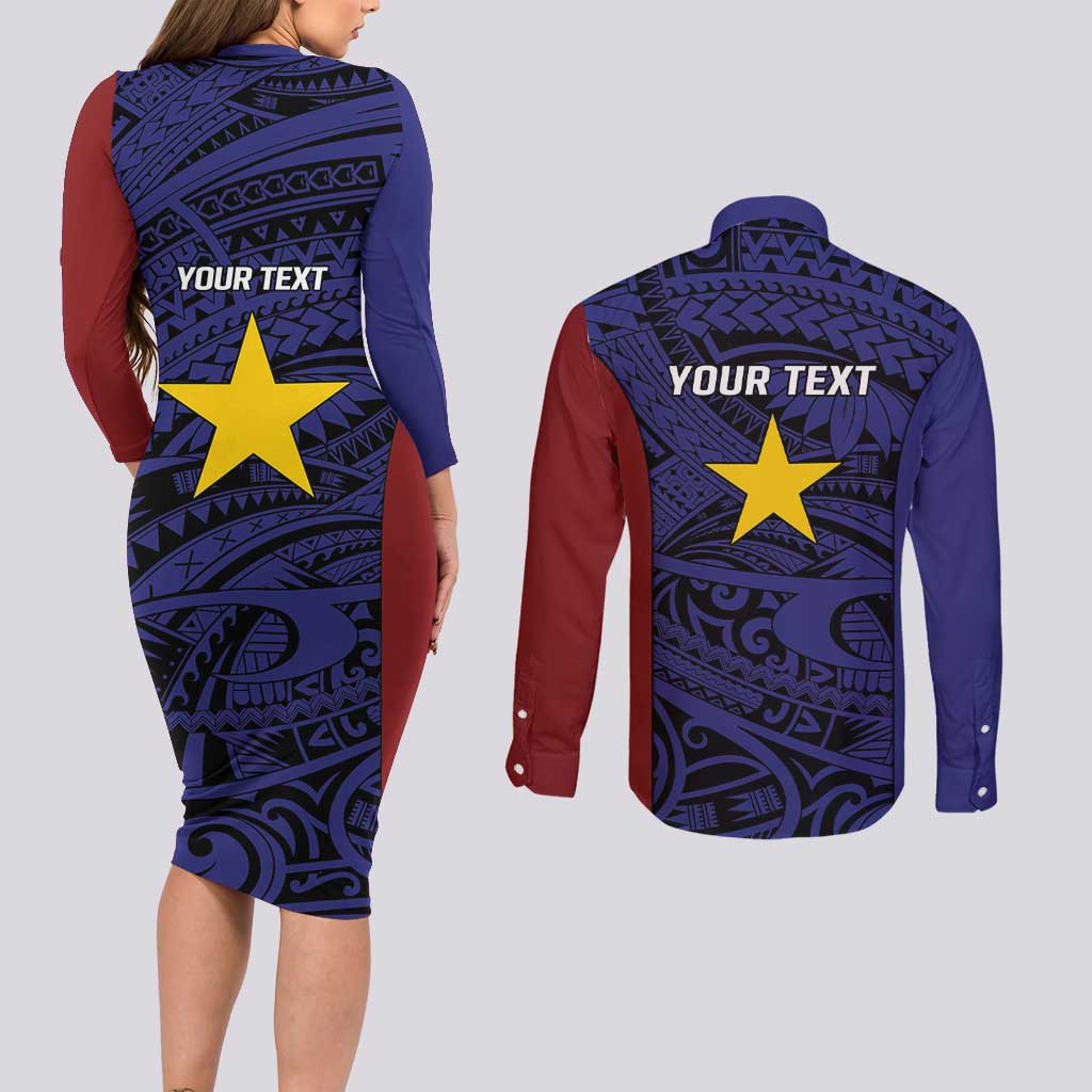 Personalised PNG Milne Bay Province Couples Matching Long Sleeve Bodycon Dress and Long Sleeve Button Shirt Bird of Paradise Tattoo Flag Motif LT9 - Polynesian Pride