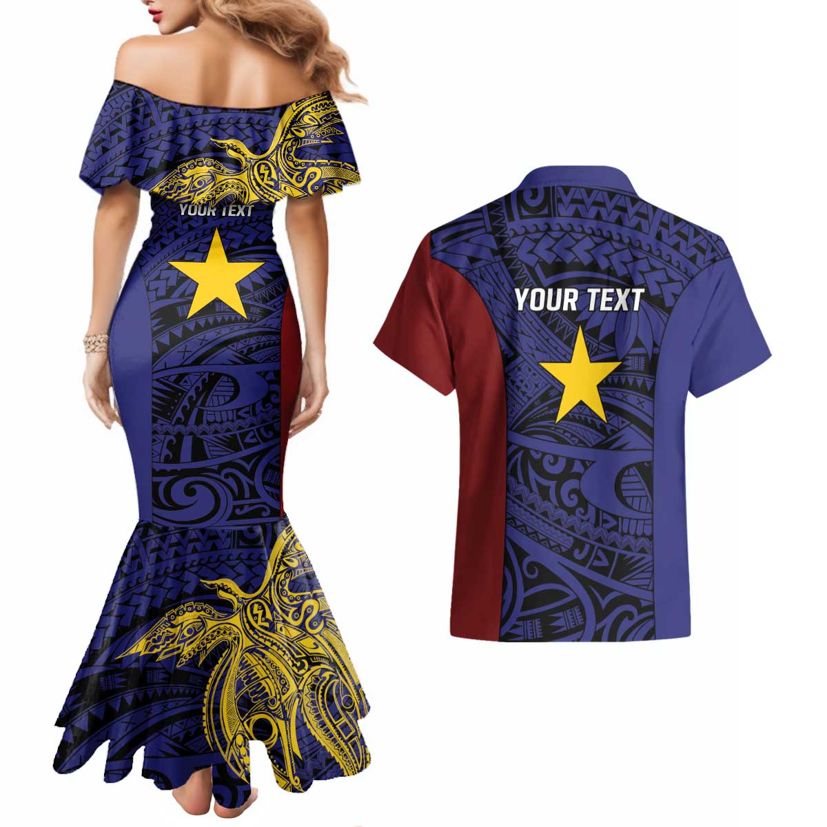 Personalised PNG Milne Bay Province Couples Matching Mermaid Dress and Hawaiian Shirt Bird of Paradise Tattoo Flag Motif LT9 - Polynesian Pride