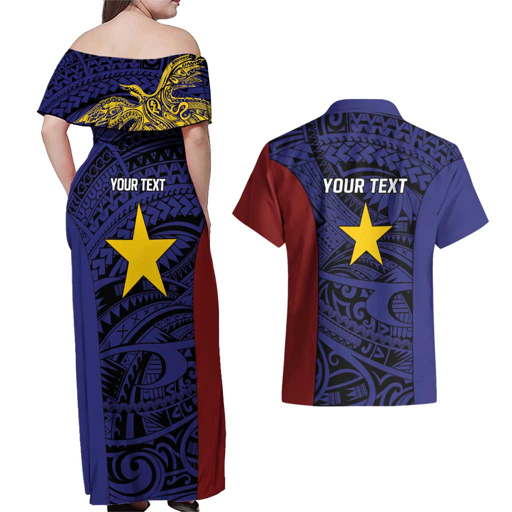 Personalised PNG Milne Bay Province Couples Matching Off Shoulder Maxi Dress and Hawaiian Shirt Bird of Paradise Tattoo Flag Motif LT9 - Polynesian Pride