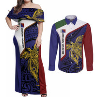 Personalised PNG Milne Bay Province Couples Matching Off Shoulder Maxi Dress and Long Sleeve Button Shirt Bird of Paradise Tattoo Flag Motif LT9 Blue - Polynesian Pride