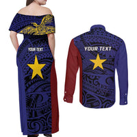 Personalised PNG Milne Bay Province Couples Matching Off Shoulder Maxi Dress and Long Sleeve Button Shirt Bird of Paradise Tattoo Flag Motif LT9 - Polynesian Pride