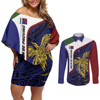 Personalised PNG Milne Bay Province Couples Matching Off Shoulder Short Dress and Long Sleeve Button Shirt Bird of Paradise Tattoo Flag Motif LT9 Blue - Polynesian Pride