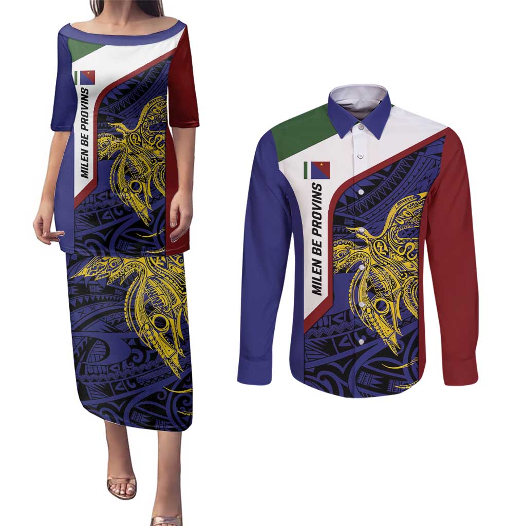 Personalised PNG Milne Bay Province Couples Matching Puletasi and Long Sleeve Button Shirt Bird of Paradise Tattoo Flag Motif LT9 Blue - Polynesian Pride