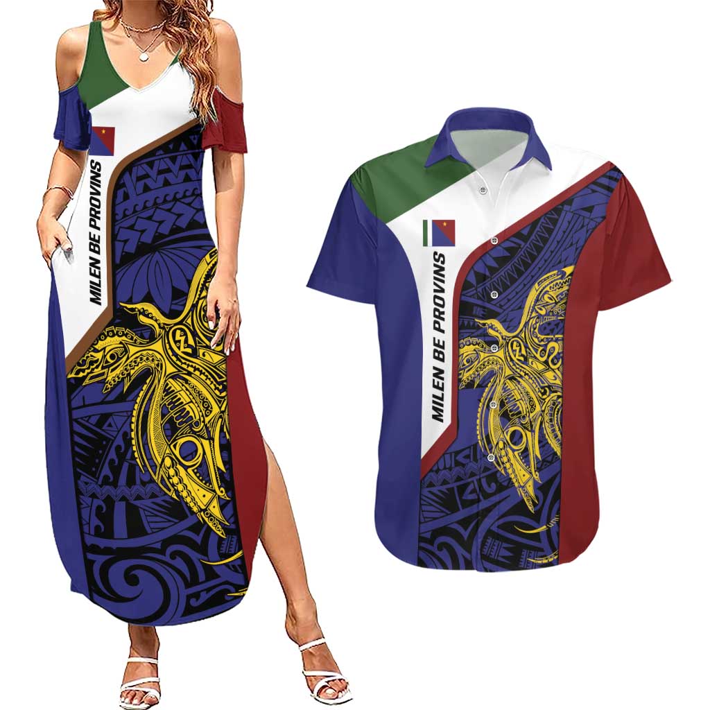 Personalised PNG Milne Bay Province Couples Matching Summer Maxi Dress and Hawaiian Shirt Bird of Paradise Tattoo Flag Motif LT9 Blue - Polynesian Pride