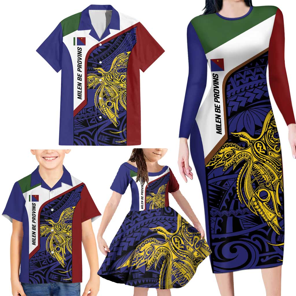 Personalised PNG Milne Bay Province Family Matching Long Sleeve Bodycon Dress and Hawaiian Shirt Bird of Paradise Tattoo Flag Motif LT9 - Polynesian Pride