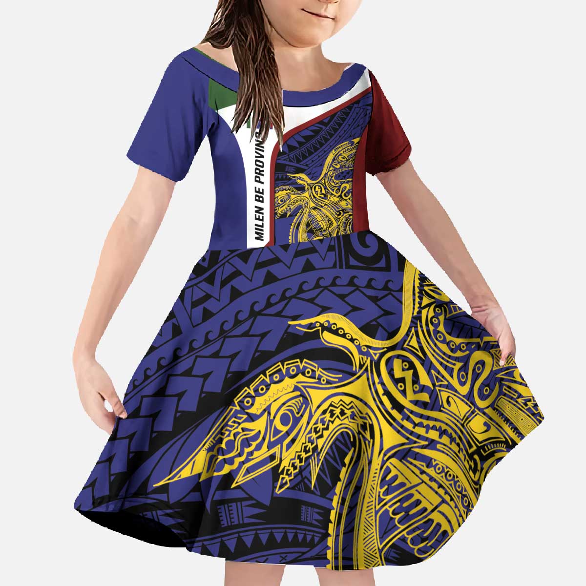 Personalised PNG Milne Bay Province Family Matching Off The Shoulder Long Sleeve Dress and Hawaiian Shirt Bird of Paradise Tattoo Flag Motif LT9 Daughter's Dress Blue - Polynesian Pride