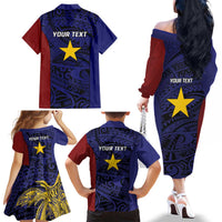 Personalised PNG Milne Bay Province Family Matching Off The Shoulder Long Sleeve Dress and Hawaiian Shirt Bird of Paradise Tattoo Flag Motif LT9 - Polynesian Pride