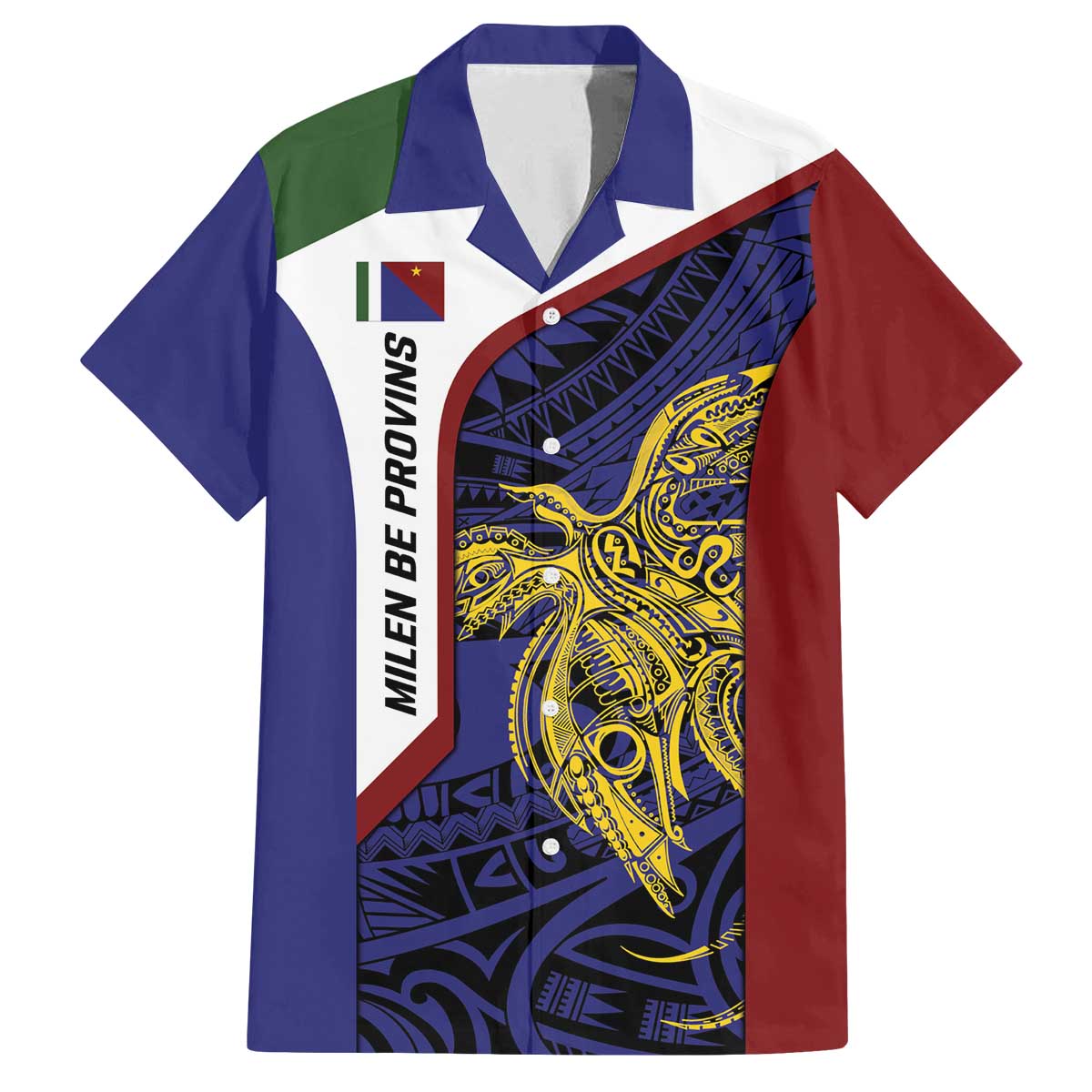 Personalised PNG Milne Bay Province Family Matching Off The Shoulder Long Sleeve Dress and Hawaiian Shirt Bird of Paradise Tattoo Flag Motif LT9 Dad's Shirt - Short Sleeve Blue - Polynesian Pride