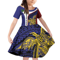 Personalised PNG Milne Bay Province Family Matching Off Shoulder Short Dress and Hawaiian Shirt Bird of Paradise Tattoo Flag Motif LT9 Daughter's Dress Blue - Polynesian Pride