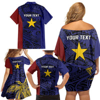 Personalised PNG Milne Bay Province Family Matching Off Shoulder Short Dress and Hawaiian Shirt Bird of Paradise Tattoo Flag Motif LT9 - Polynesian Pride