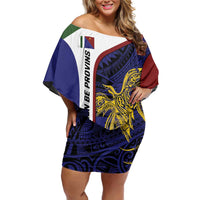 Personalised PNG Milne Bay Province Family Matching Off Shoulder Short Dress and Hawaiian Shirt Bird of Paradise Tattoo Flag Motif LT9 Mom's Dress Blue - Polynesian Pride